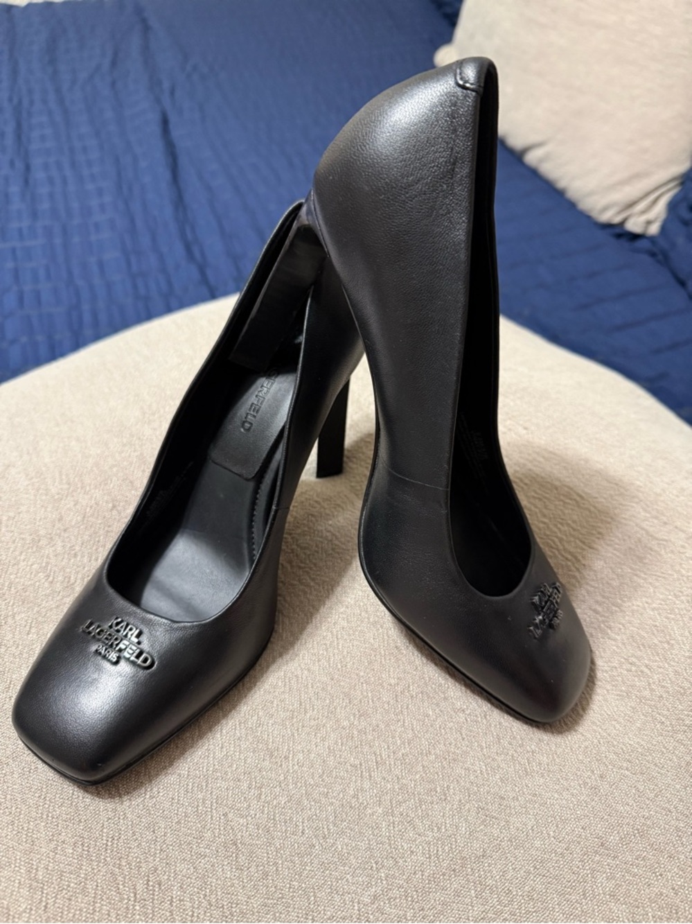 Karl Lagerfeld Black Leather Square-Toe High Heels